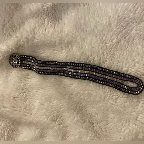 Native Hand Beaded Bracelet hand made purple black clear w button Donna ringgold - Picture 2 of 3